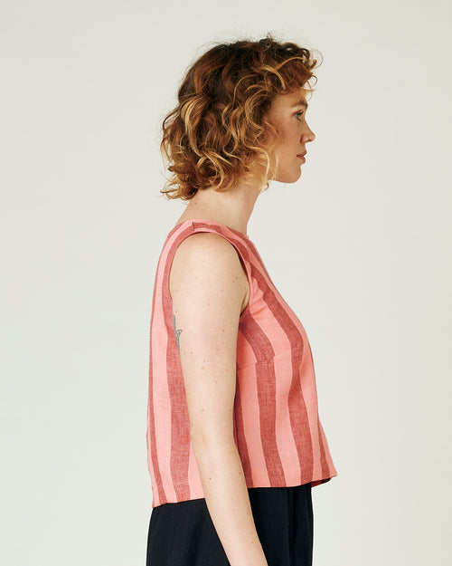 model wears blush stripe linen esme top