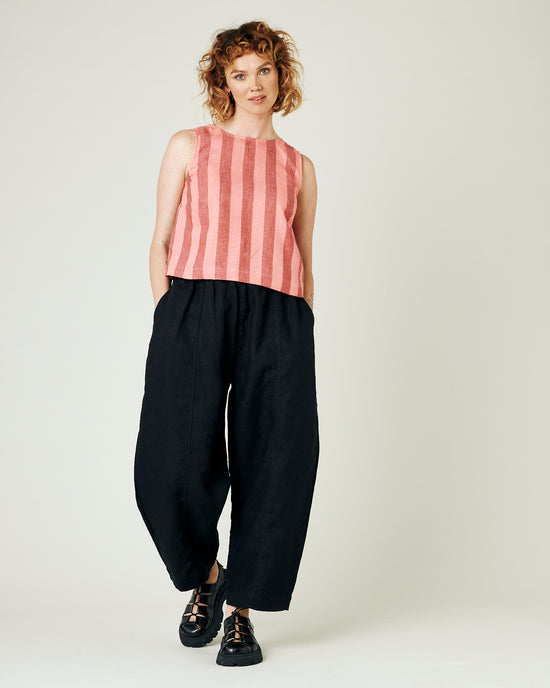 model wears blush stripe linen esme top