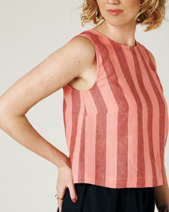 model wears blush stripe linen esme top