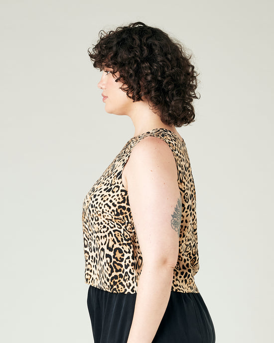 model wears leopard print cupro esme top