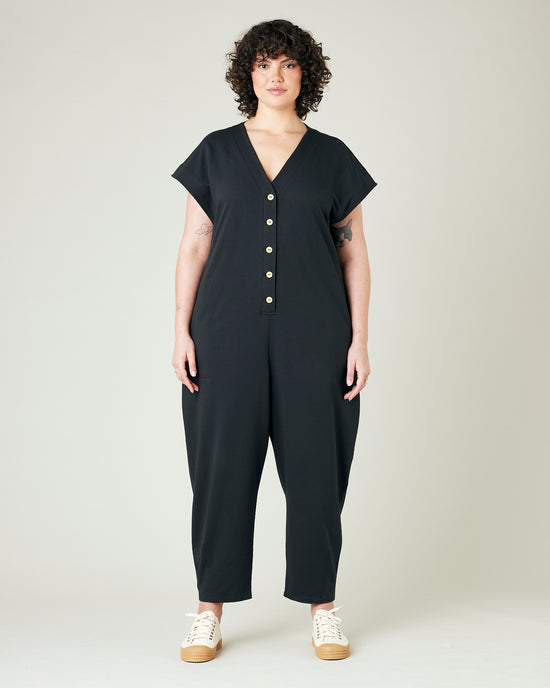 model wears slate jersey frankie jumpsuit