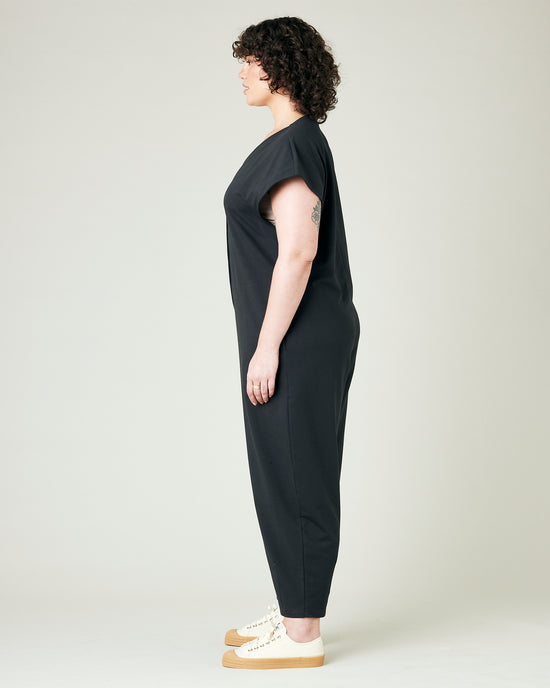 model wears slate jersey frankie jumpsuit