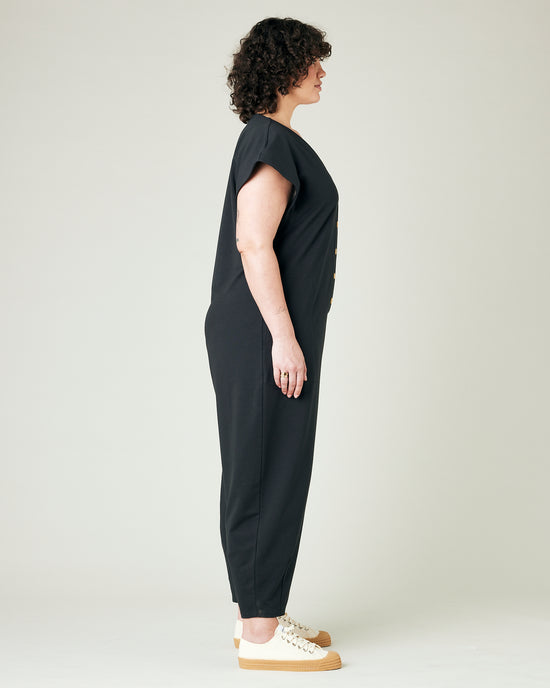 model wears slate jersey frankie jumpsuit