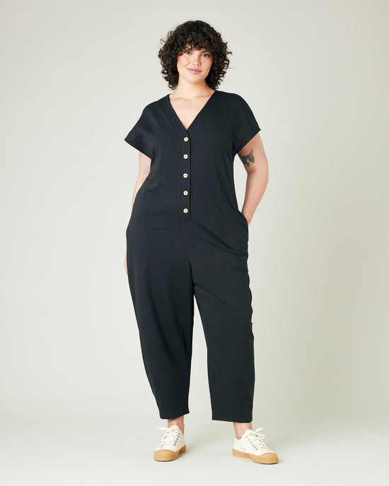 model wears slate jersey frankie jumpsuit