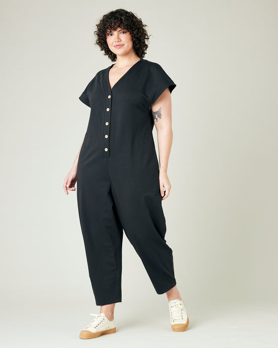 model wears slate jersey frankie jumpsuit