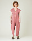 model wears dusty pink jersey frankie jumpsuit