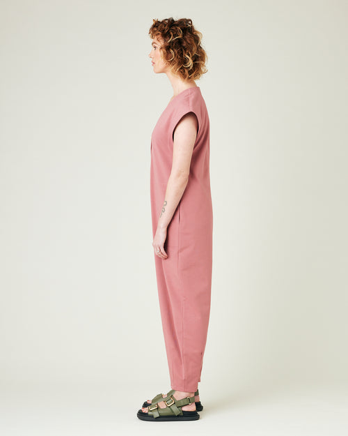 model wears dusty pink jersey frankie jumpsuit