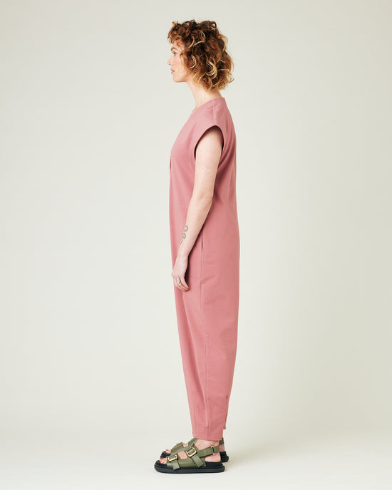 model wears dusty pink jersey frankie jumpsuit