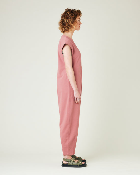 model wears dusty pink jersey frankie jumpsuit