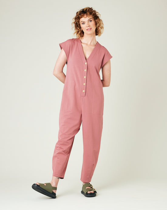 model wears dusty pink jersey frankie jumpsuit