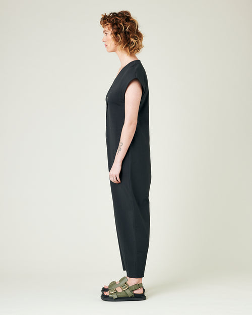 model wears slate jersey frankie jumpsuit