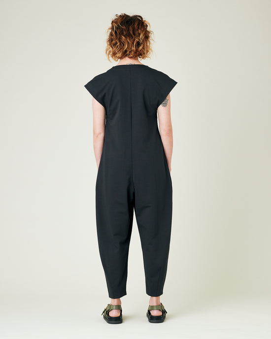 model wears slate jersey frankie jumpsuit