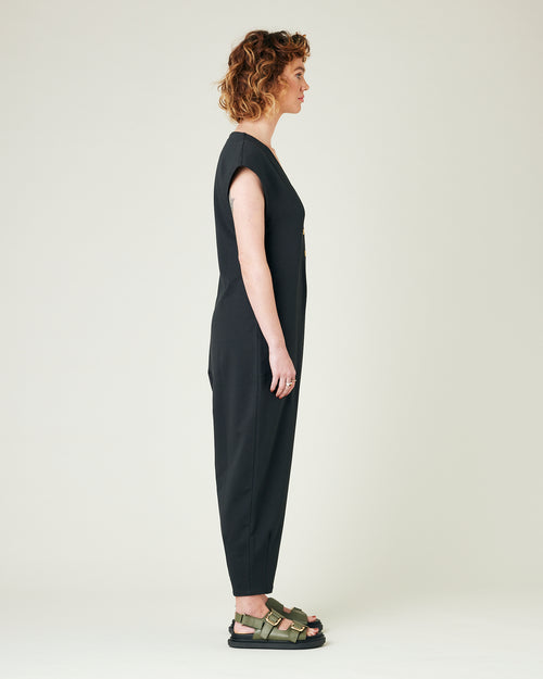 model wears slate jersey frankie jumpsuit