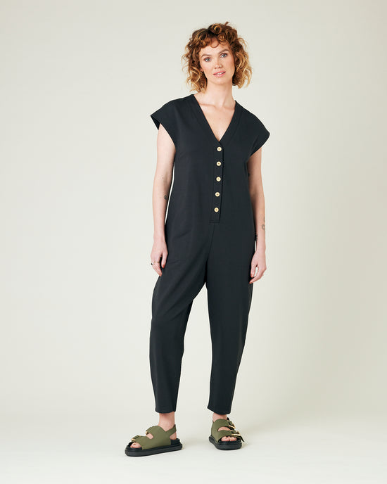 model wears slate jersey frankie jumpsuit