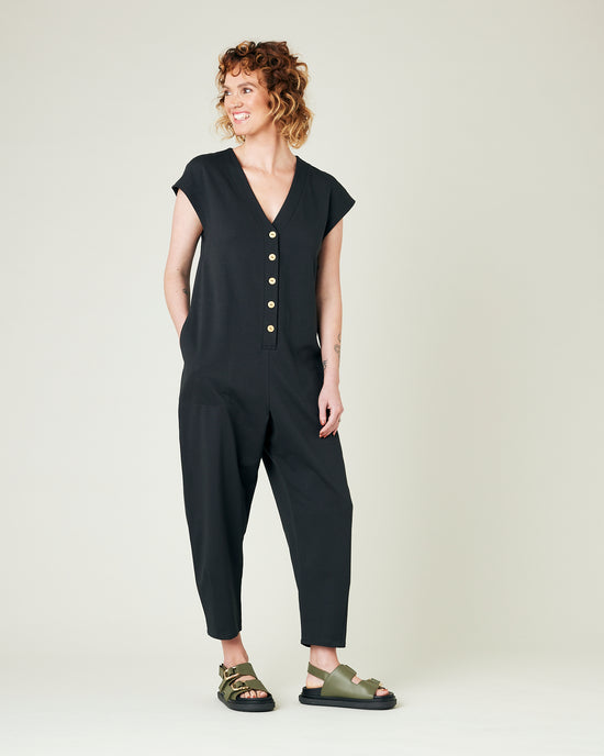 model wears slate jersey frankie jumpsuit