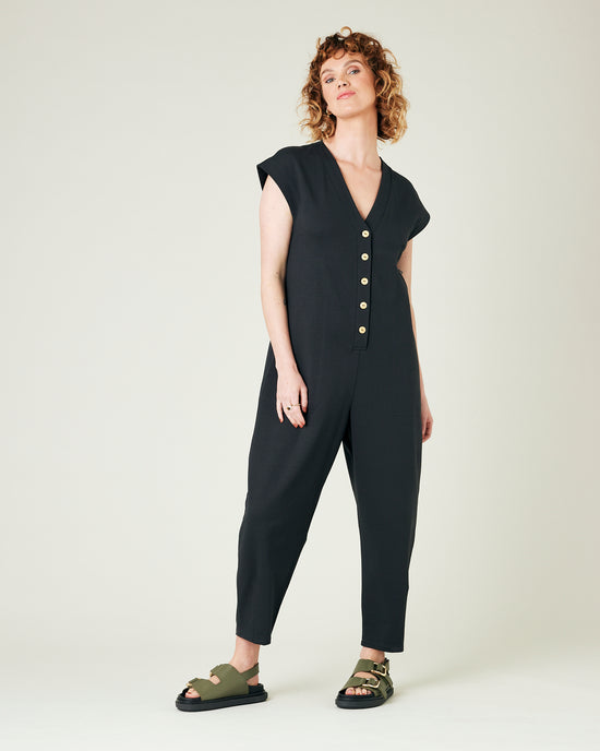 model wears slate jersey frankie jumpsuit