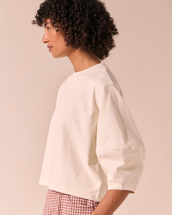 model wears grace bone jersey top
