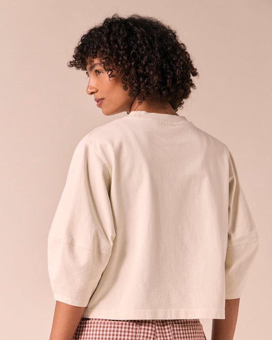 model wears grace bone jersey top