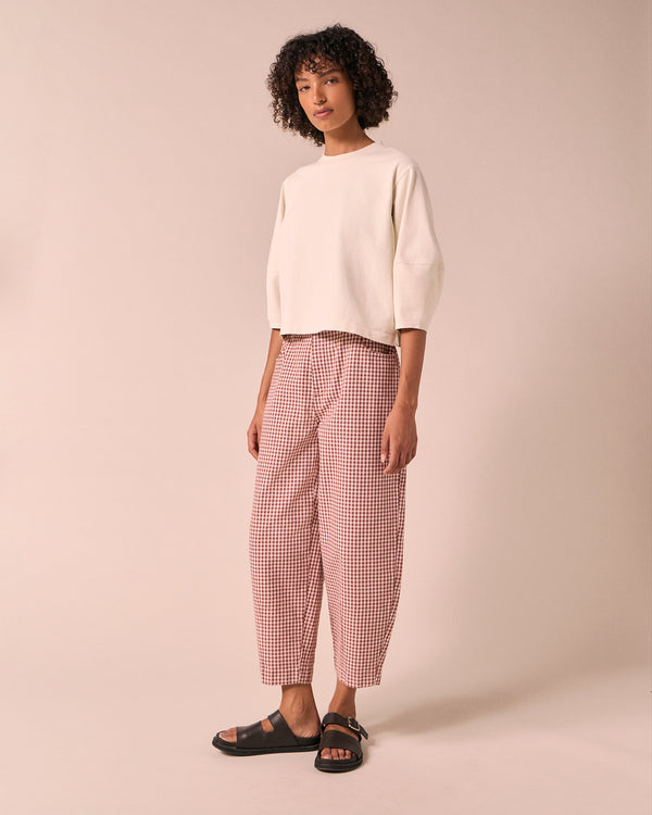 model wears remi taffy mini gingham denim jeans right