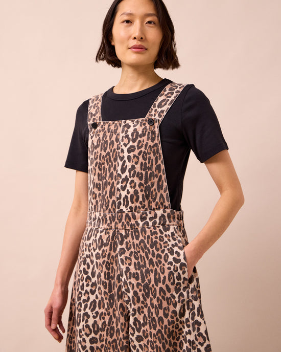 model wears gwynne leopard print denim dungarees