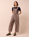 model wears gwynne leopard print denim dungarees