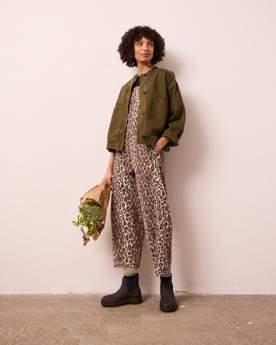 model wears rosa olive denim jacket