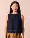 model wear hailey indigo rinse wash denim top