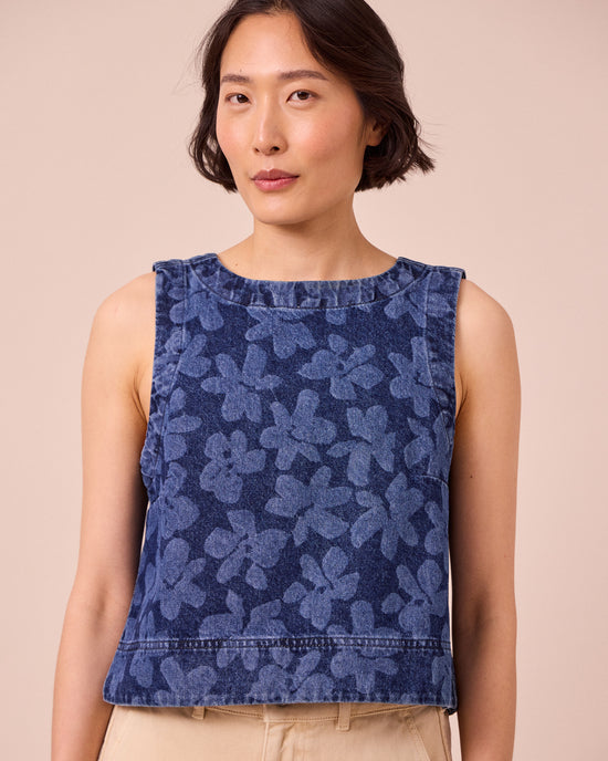 model wears hailey pressed flower denim top