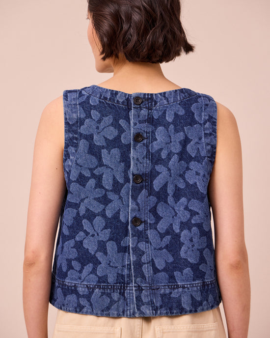 model wears hailey pressed flower denim top