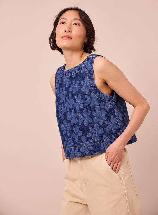 model wears hailey pressed flower denim top