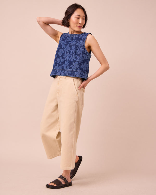 model wears hailey pressed flower denim top