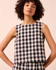 model wears hailey black and white check denim top