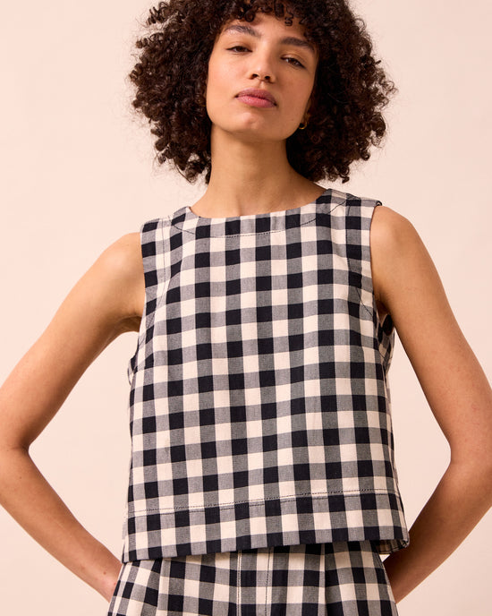 model wears hailey black and white check denim top