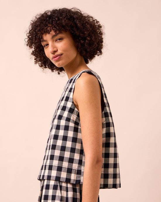 model wears hailey black and white check denim top