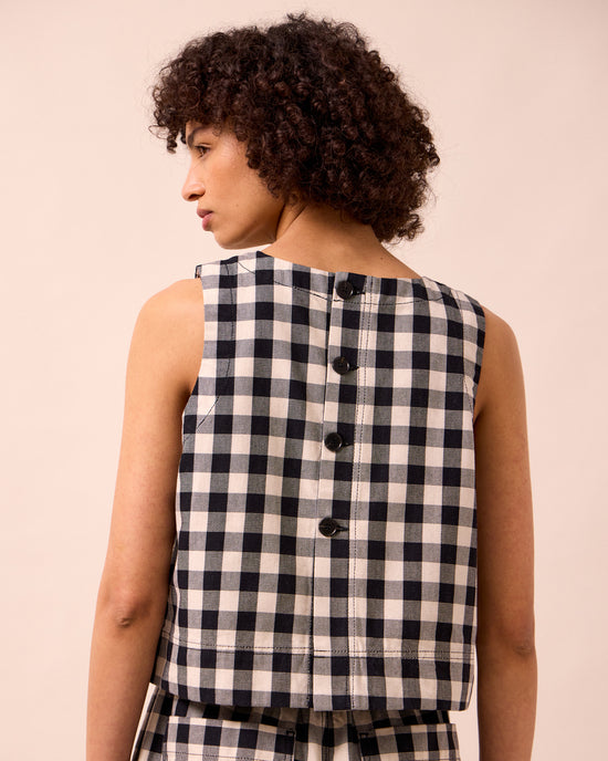 model wears hailey black and white check denim top