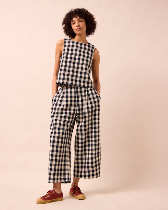 model wears hailey black and white check denim top