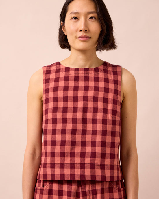 model wears hailey cactus rose check denim top