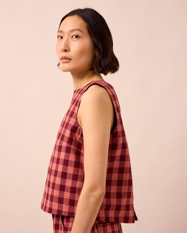 model wears hailey cactus rose check denim top