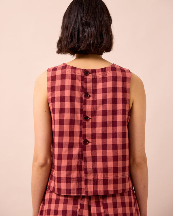 model wears hailey cactus rose check denim top