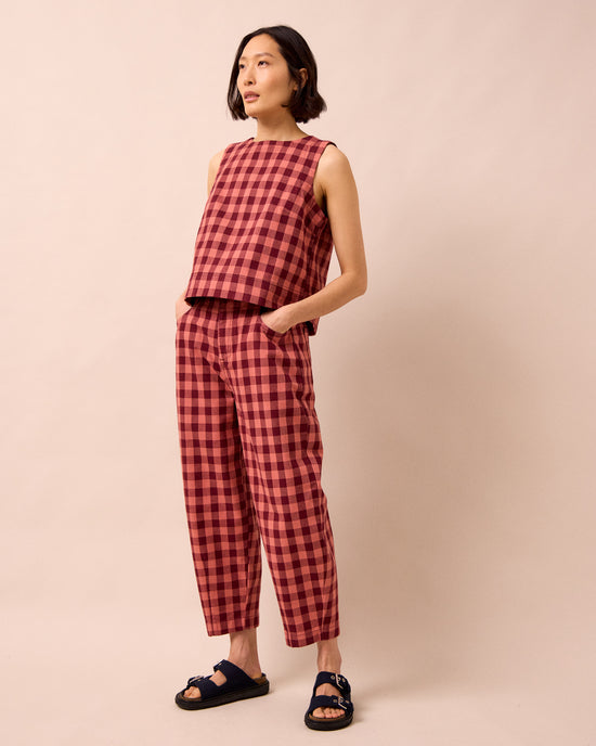 model wears hailey cactus rose check denim top