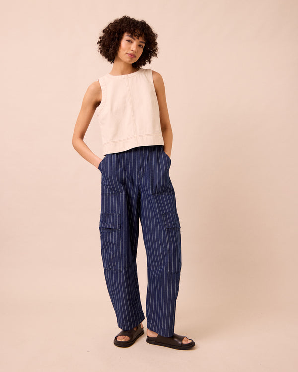 model wears hailey ecru denim top