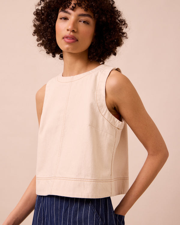 model wears hailey ecru denim top