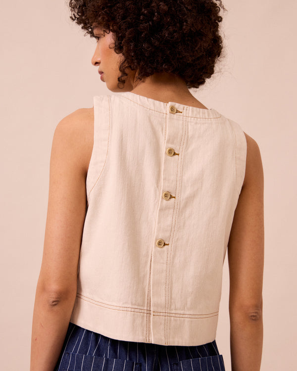 model wears hailey ecru denim top