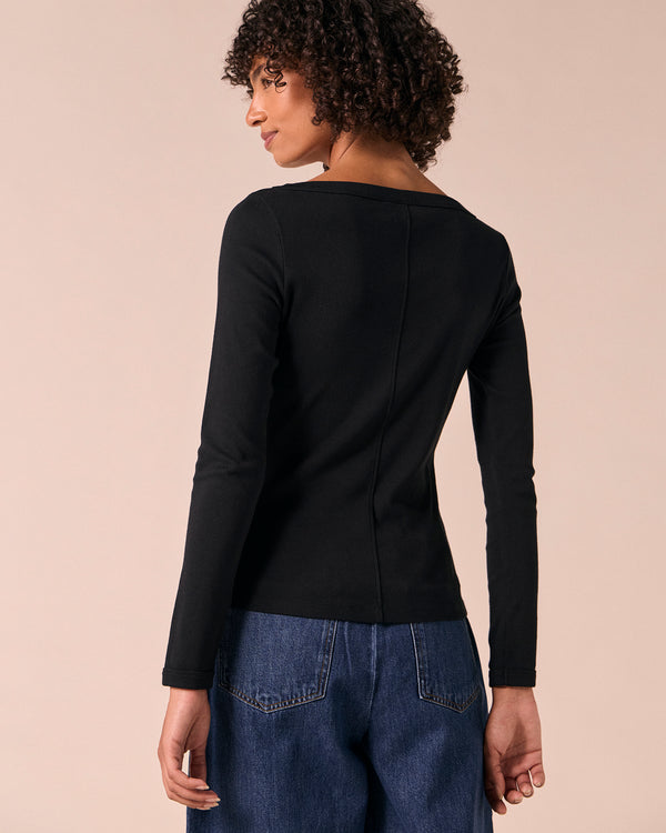 model wears havana black jersey top