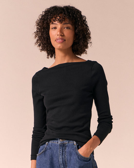 model wears havana black jersey top