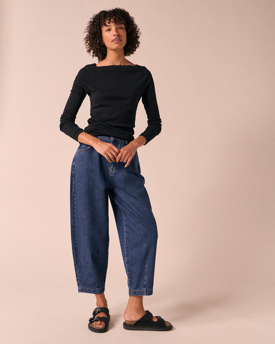 model wears havana black jersey top