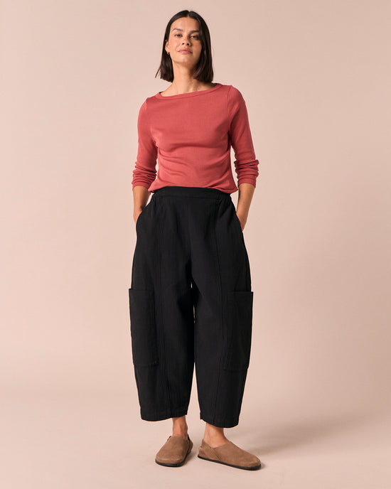 model wears havana rosewood jersey top