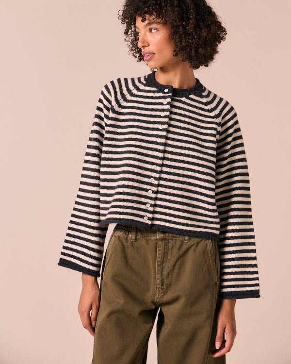 model wears henna charcoal stripe knitted cardigan