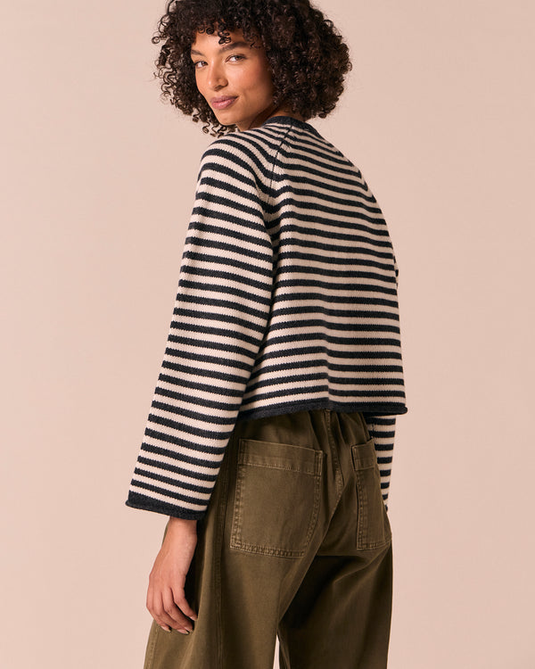 model wears henna charcoal stripe knitted cardigan