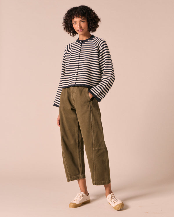 model wears henna charcoal stripe knitted cardigan